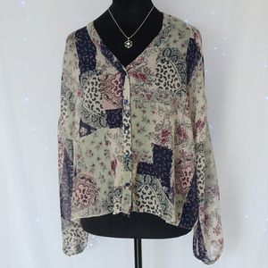 Primark Women's Size 8 Sheer Blouse Abstract Paisley Long Sleeve Flowy Floral